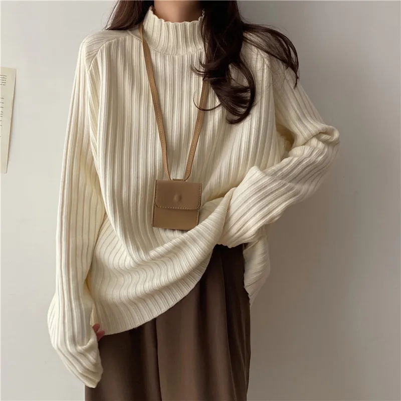 

Knitwear Long Sleeve Sweater Women Autumn Winter New Loose Half Turtleneck Bottoming Solid Color Top Woman Sweaters