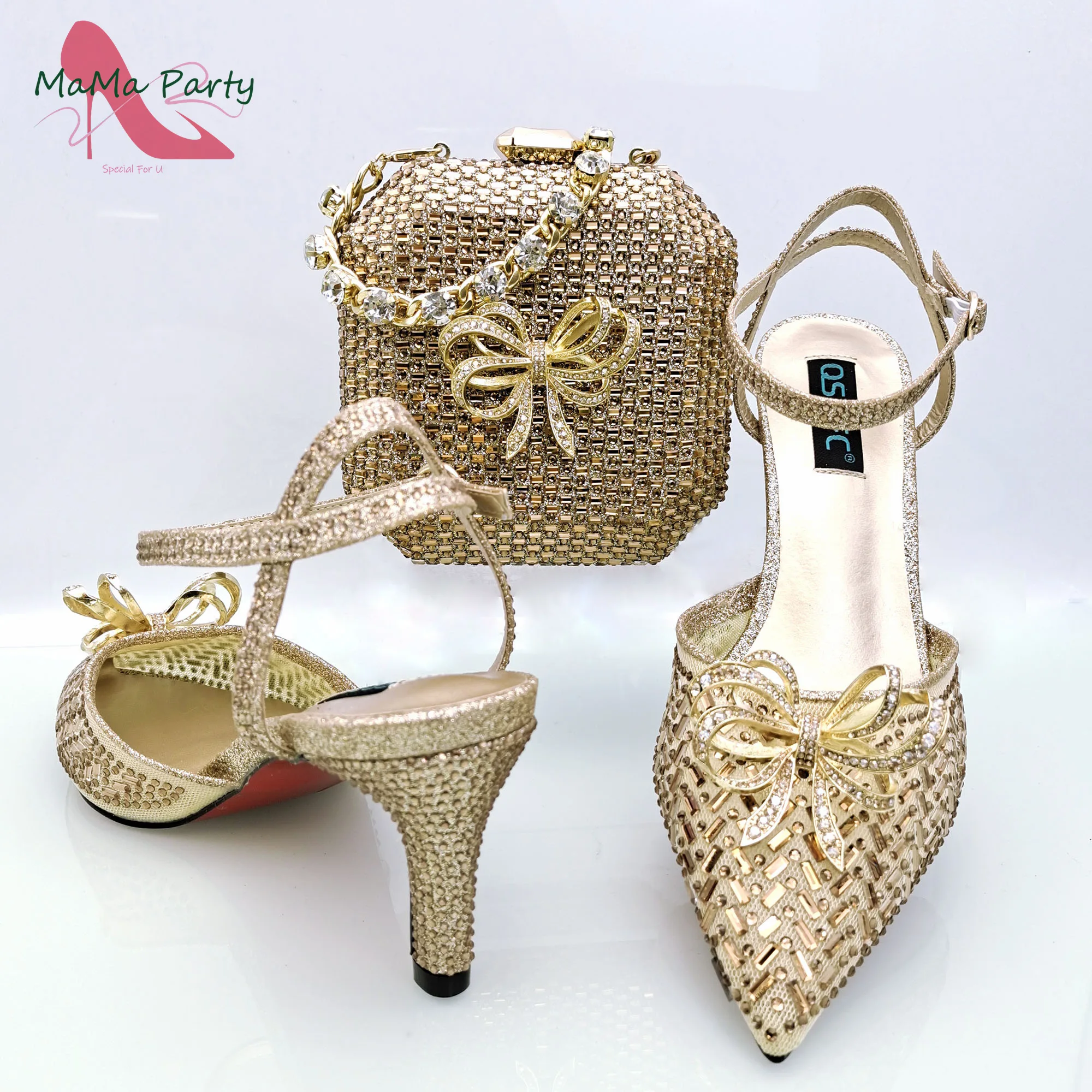 

Новое поступление, туфли-лодочки с ремешком на пятке для наступающей церемонии, подходят к сумке золотого цвета, женские вечерние туфли в африканском стиле на каблуке