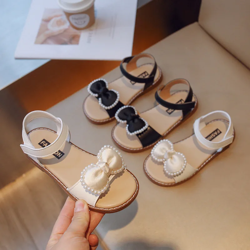 

Girls Sandals Simple Japanese Style Children Bow with Pearls Open-toe Breatheable Kids Fashion Casual Shoes 2023 Summer New PU