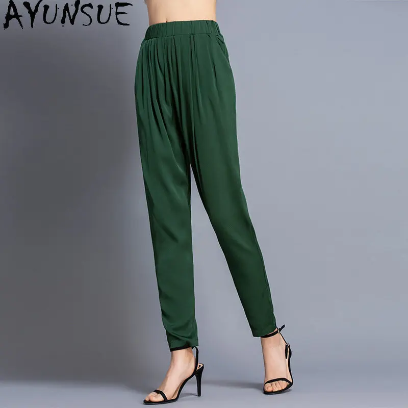 Elegant 95% Mulberry Silk Thin Pants Casual Harem Pants Spring Summer Long Women Pants High Waist Woman Clothing брюки женские