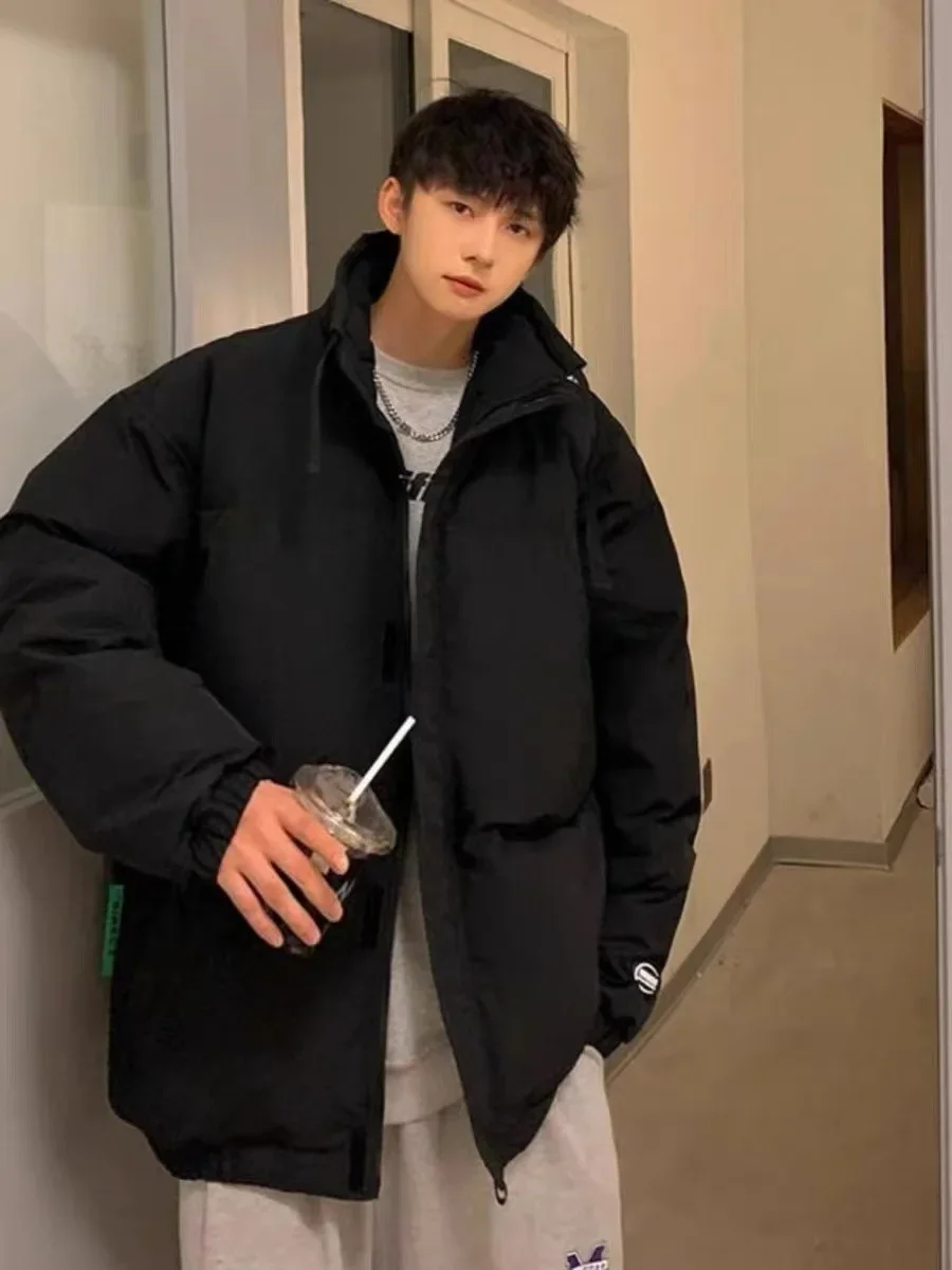 2023 Winter New Men's Cotton Coat Jacket Loose Fit Trendy Casual Versatile Couple's Outerwear Hong Kong Style Solid Color Stand