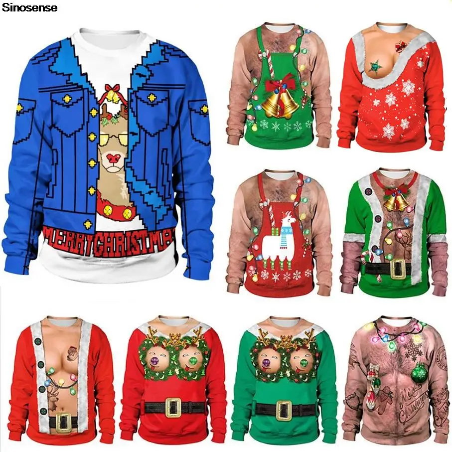 

Men Women Reindeer Ugly Christmas Sweater Pullover Holiday Party Xmas Crewneck Sweatshirt 3D Funny Printed Christmas Jumper Tops