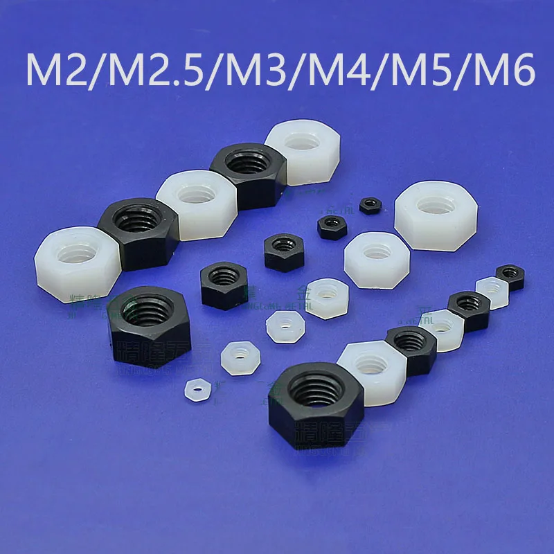 

50Pcs/lots M2/M2.5/M3/M4/M5/M6 White Or Black Insulating Plastic Nylon Locking Hex Hexagon Nut DIN934