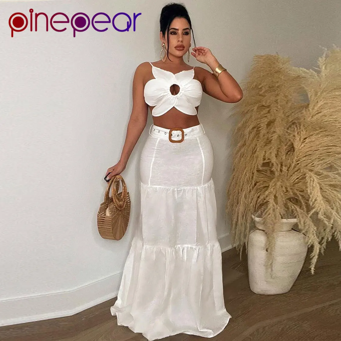 

PinePear Sexy Elegant Two Piece Outfits Women Fashion Simple Solid White Flower Top+Vintage Maxi Skirt Matching Sets Party Dress