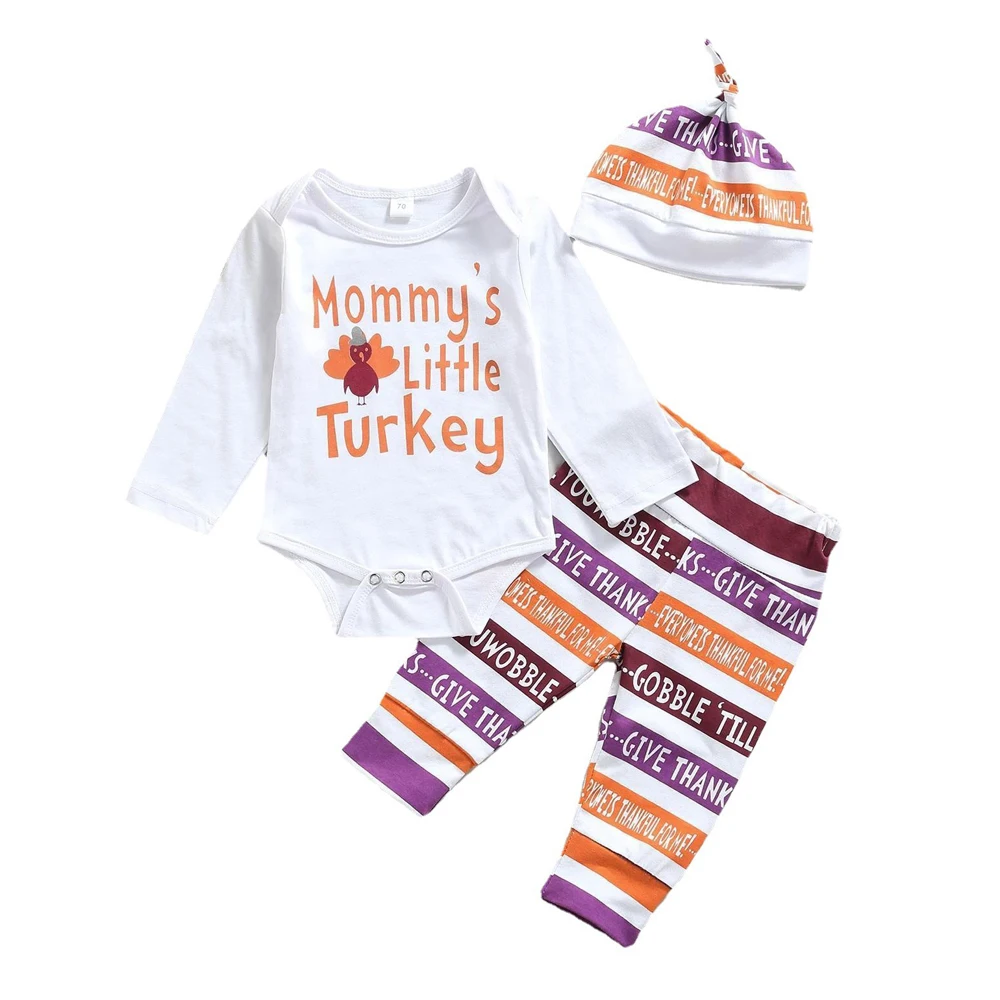 

2023 Autumn Thanksgiving Day Toddler Baby Girls Outfits Mommy's Little Turkey Long Sleeves Romper + Pants +Hat Clothes Set 0-18M