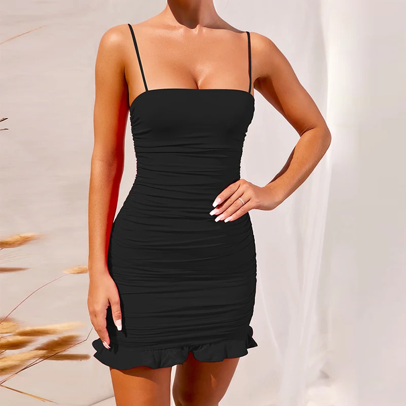 

Summer Sexy Beach Slash Neck Spaghetti Strap Bodycon Women's Fashion Mini Dress Club Backless Ruffles Package Hip Woman Dresses