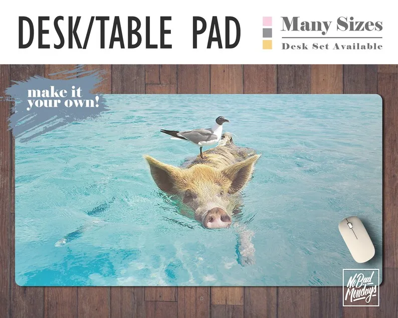 

Pig Island, Swimming Pig Print Desk Mat, Available Custom Monogram - 3 Sizes - High Quality Digital Print, Extended Mouse Pad -