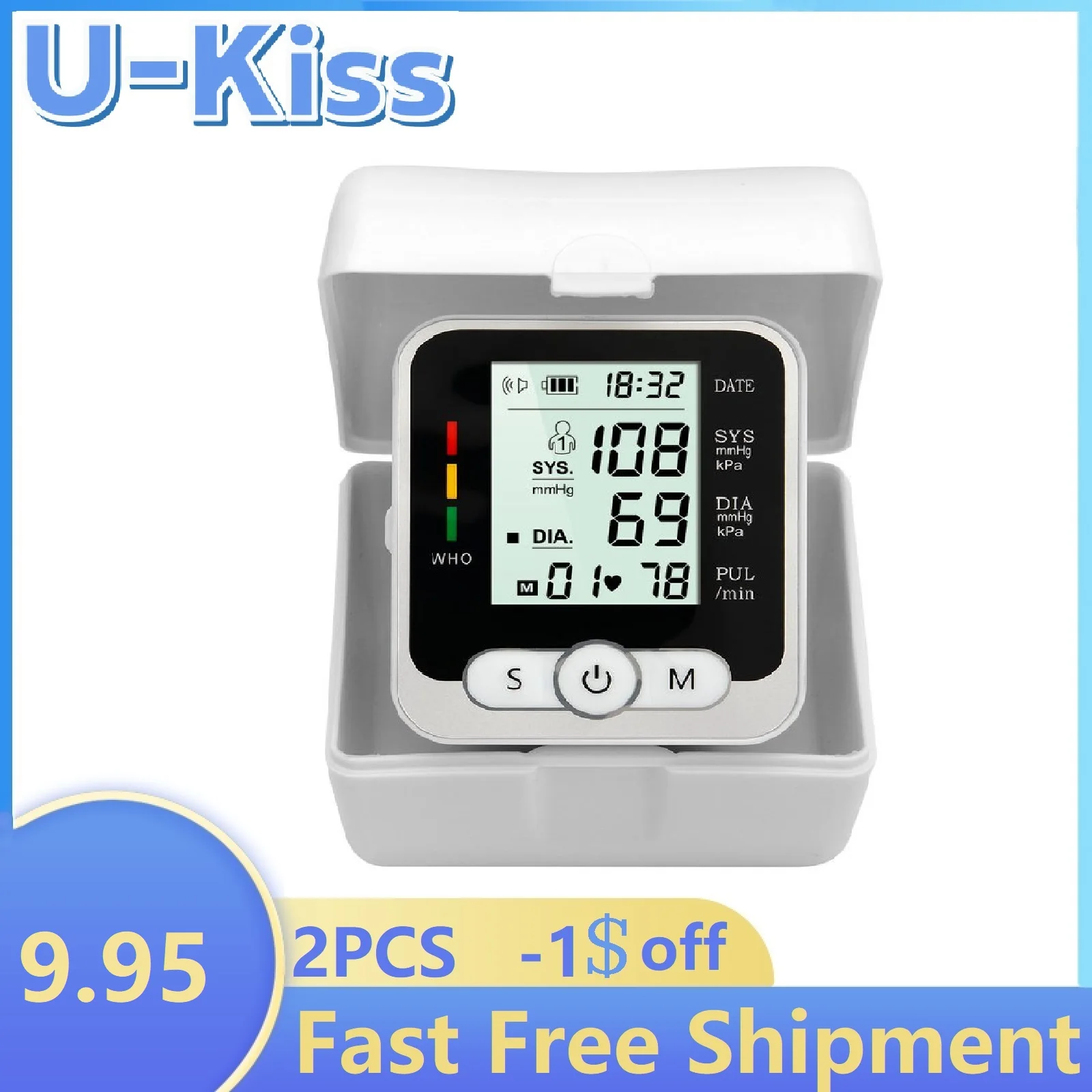

Blood Pressure Monitor Upper Wrist LCD Backlight Display Adjustable Cuff BP Meter Detector for Home Use With Box Voice
