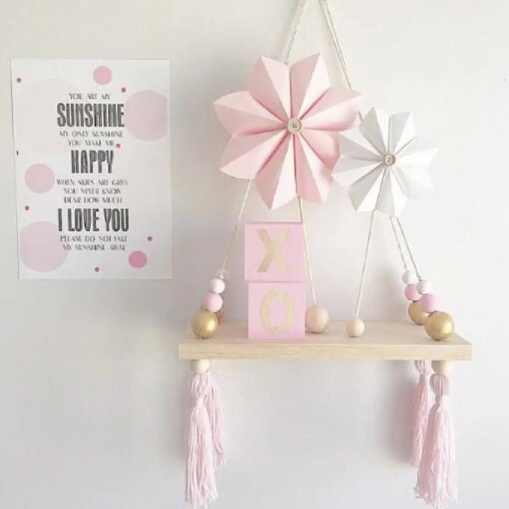 

Bedroom Wall Hanging Ornaments Tassel Beads Pendant Wooden Board Storage Shelf Rack Photo Props Nursery Kids Rooms Decoration