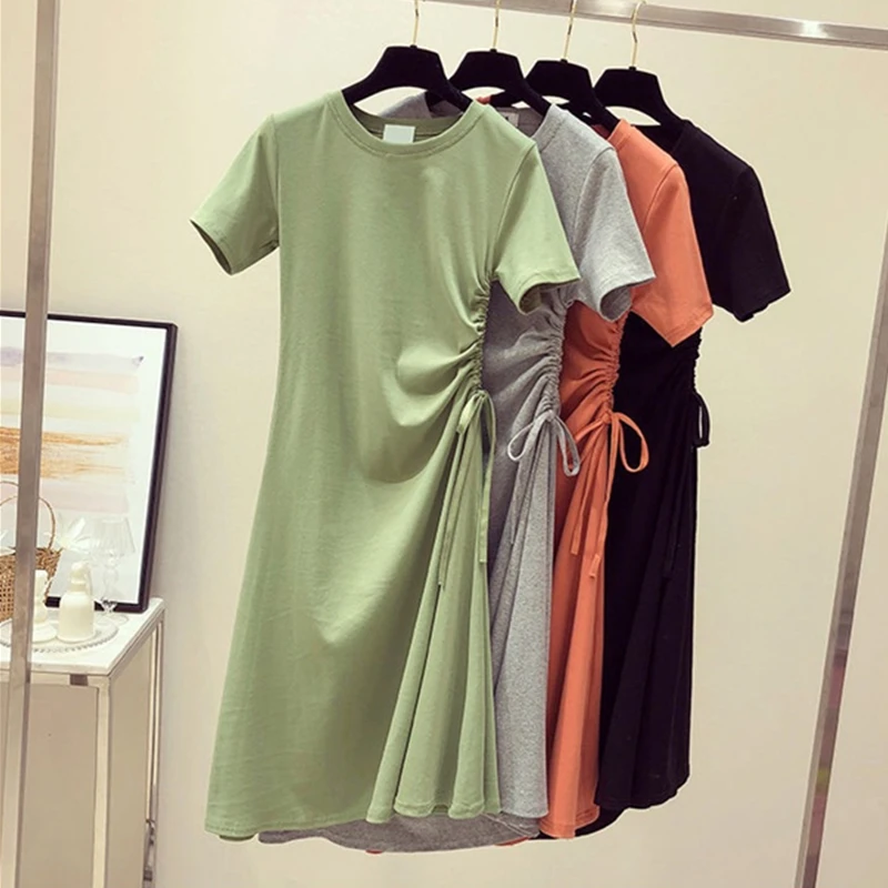 

New Korean Fashion Women Summer Dress Casual Solid O-neck Short Sleeve Draw String A-line Midi Dresses Female Elegant Vestidos