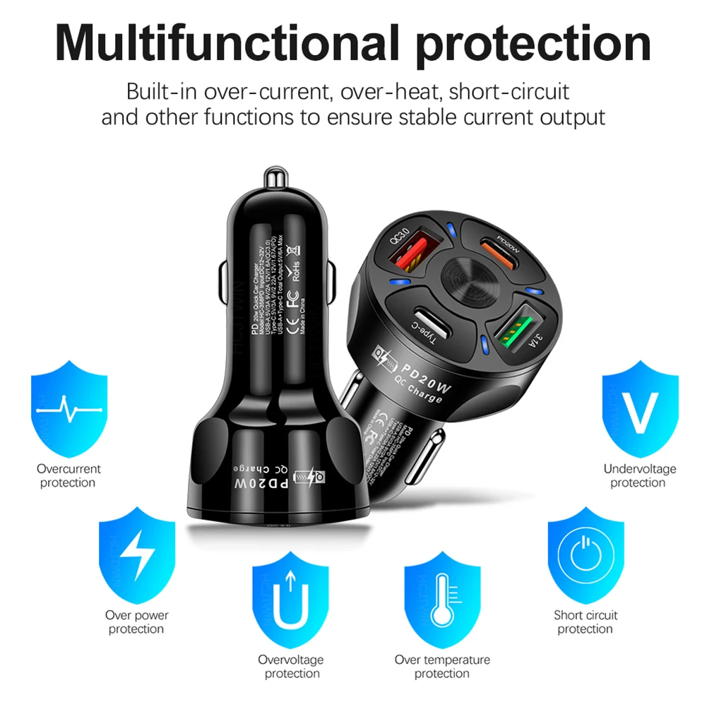 Автомобильное зарядное устройство с 4 USB-портами быстрая зарядка QC 3 0 20 Вт