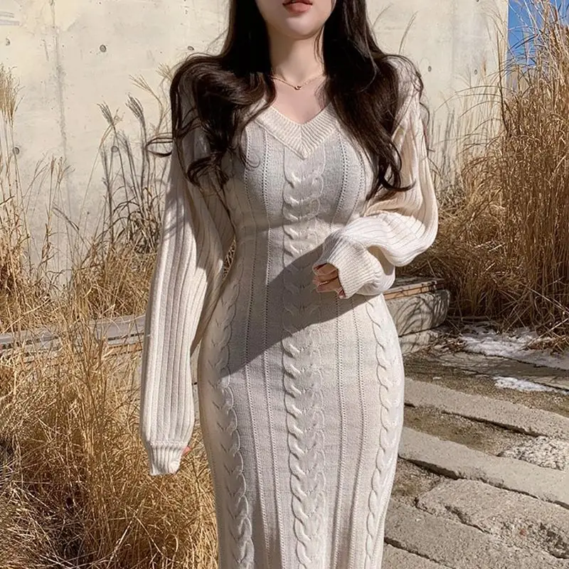 

Elegant Pink Twist Sweater Dress Bodycon Lace Up Waist Hip Chic V Neck Long Sleeve Pencil Long Vestidos Mujer 2022 Fall