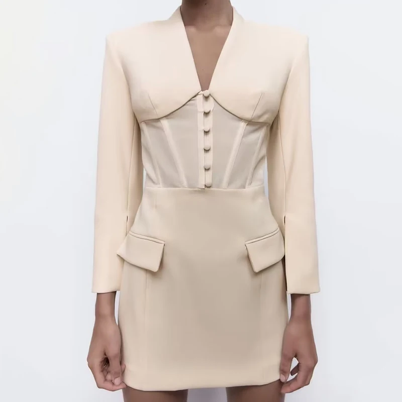 

2022 Spring Women Button Decoration Solid Color Blazer Versatile Long Sleeve V Neck Cutout Lacing Slim Mid Length Coat QJ8616