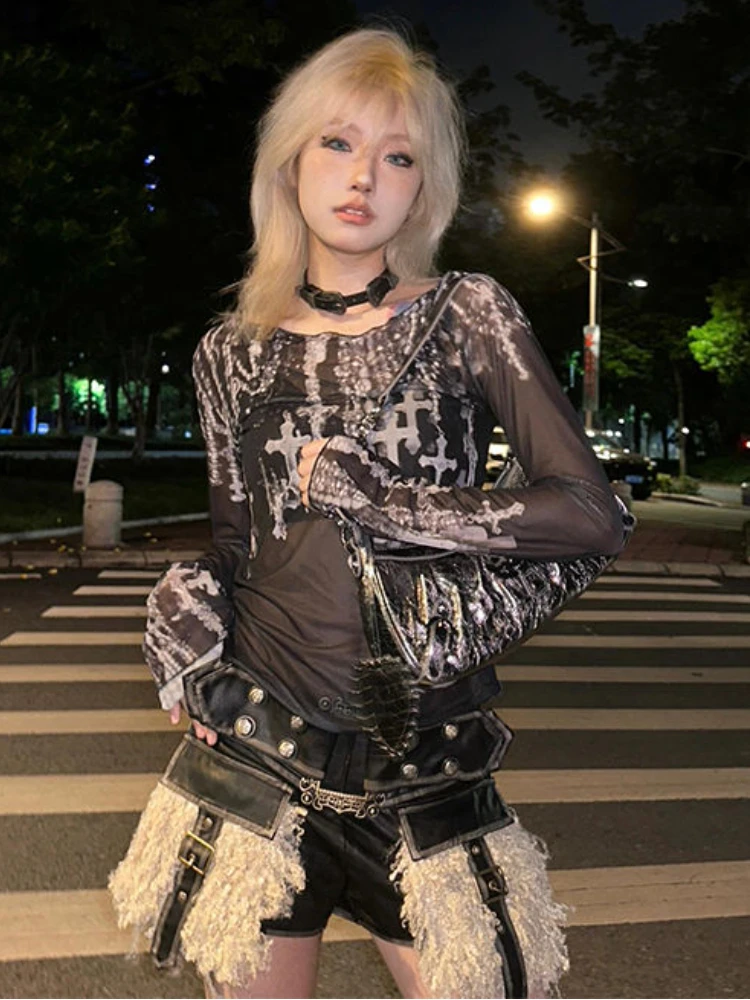 Женская футболка с длинным рукавом облегающая принтом в стиле Харадзюку Y2k