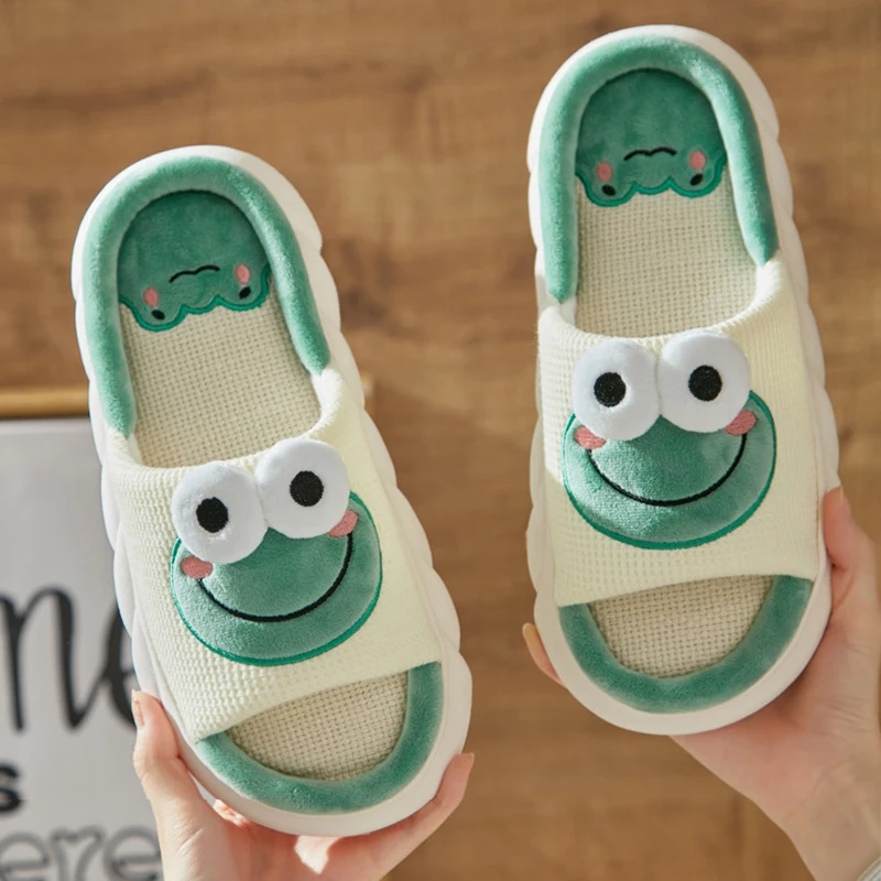 Cartoon Cute Frog Linen Slippers Spring and Autumn Student Girls Home Thick Bottom EVA Cotton and Linen Women Indoor Slippers
