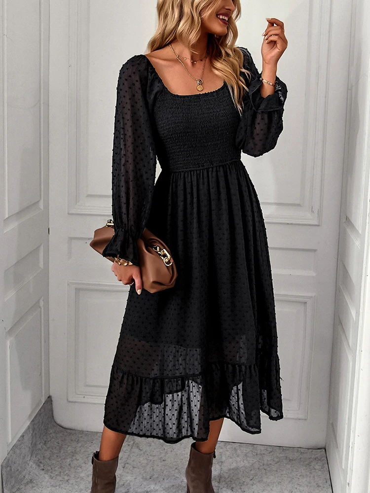 

Женское жаккардовое платье-трапеция с рюшами, длинным рукавом и U-образным вырезом