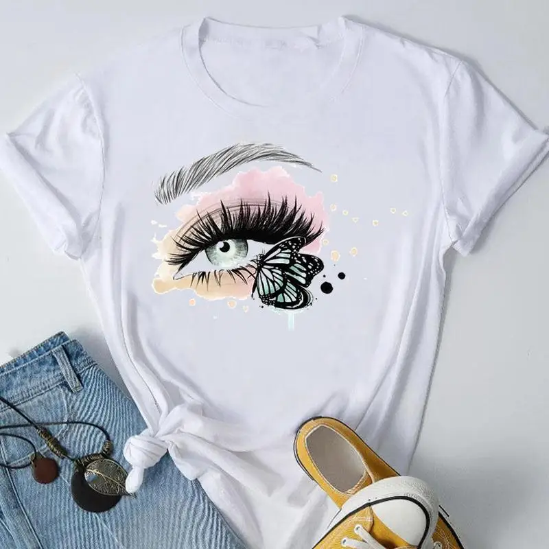 

Watercolor Tee Casual Top Eye Lashes Trend 90s Women Lady Clothes Fashion Summer Tshirt Short Sleeve Female Graphic T-Shirt