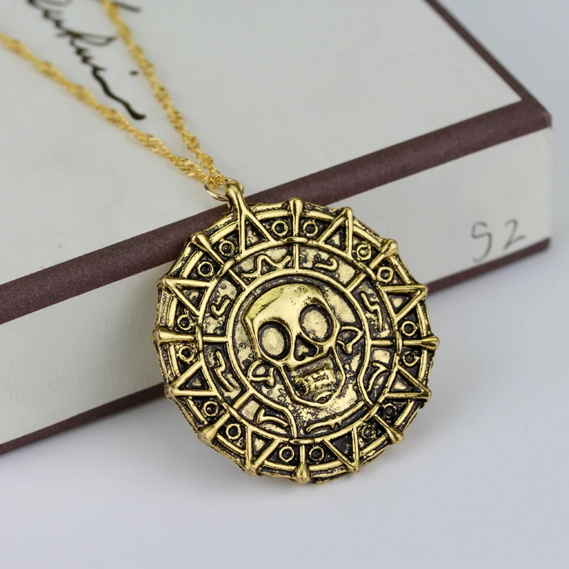 Fashion Disney Pirates Of The Caribbean Necklace Jack Sparrow Aztec Skull Heads Pendant Coin Medallion Vintage Jewelry Gifts