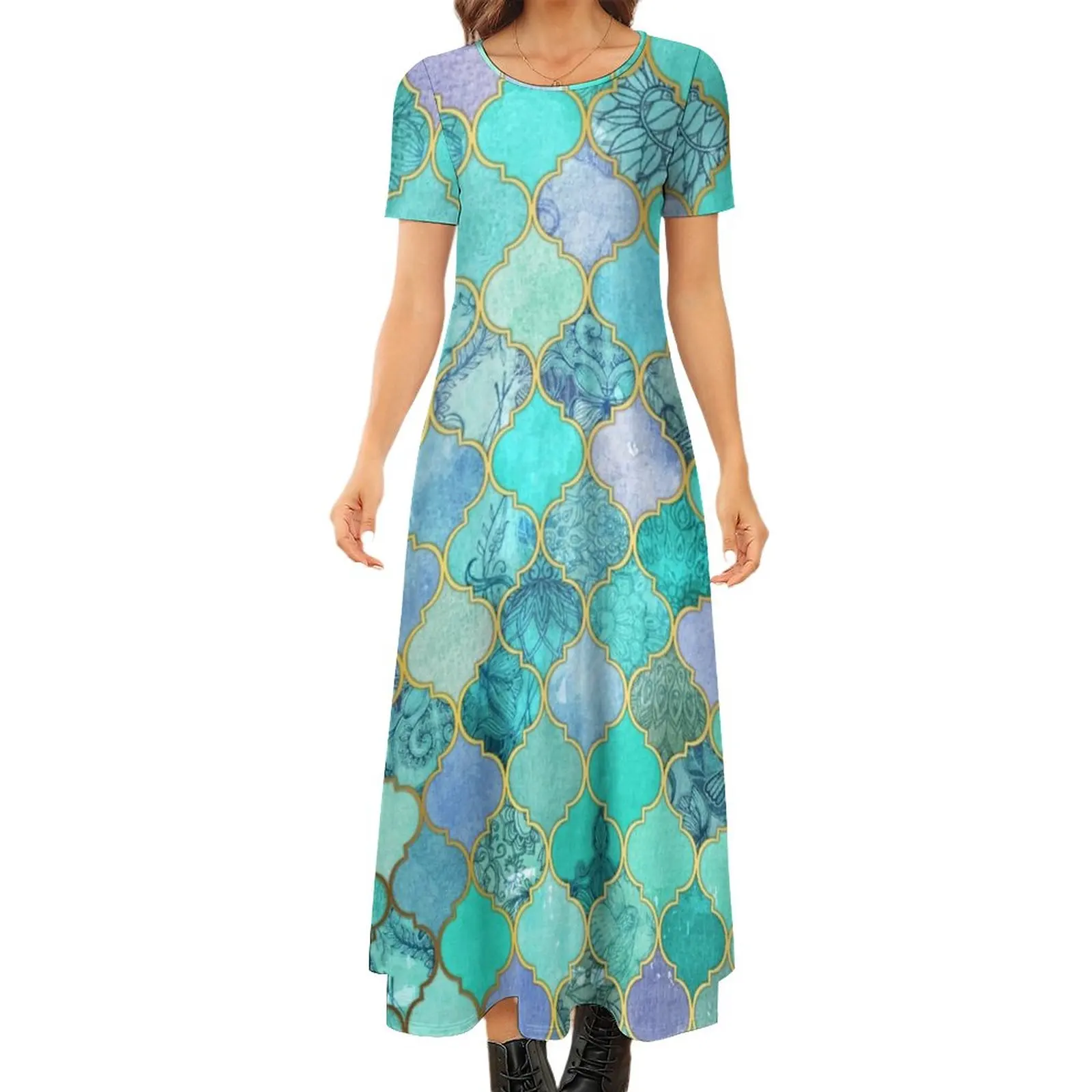 

Watercolor Baroque Dress Metallic Print Elegant Maxi Dress Short Sleeve Aesthetic Boho Beach Long Dresses Women Big Size Vestido