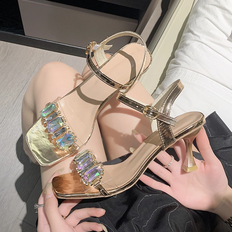 

Женские сандалии на высоком каблуке, элегантные женские сандалии из искусственного ПВХ, серебристые сандалии на высоком каблуке