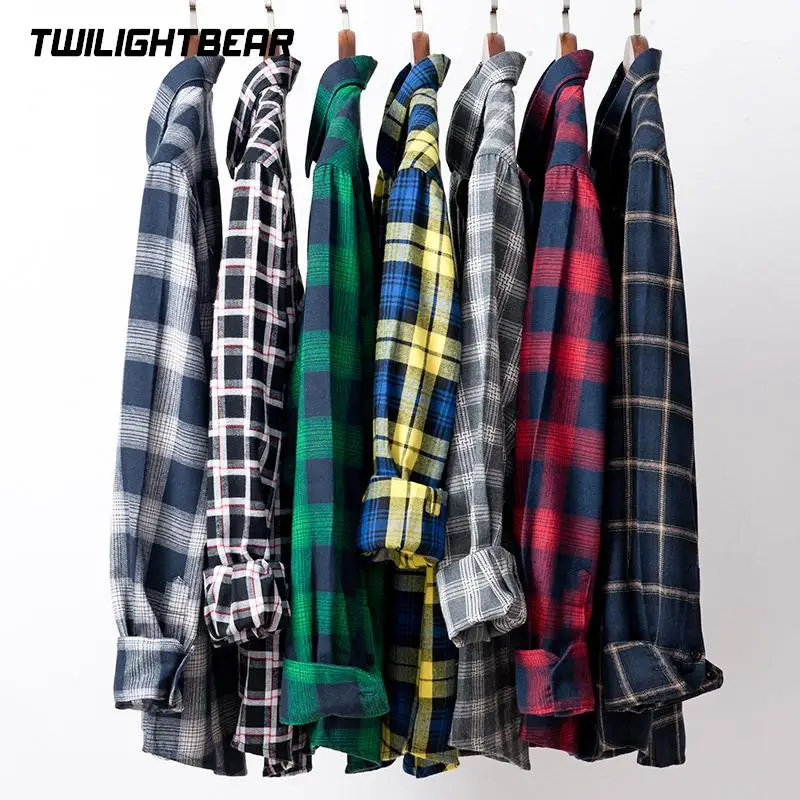 Long Sleeve British Plaid Flannel Shirt Oversized Casual Shirt Male Clothing Leiture Blouse A3f16