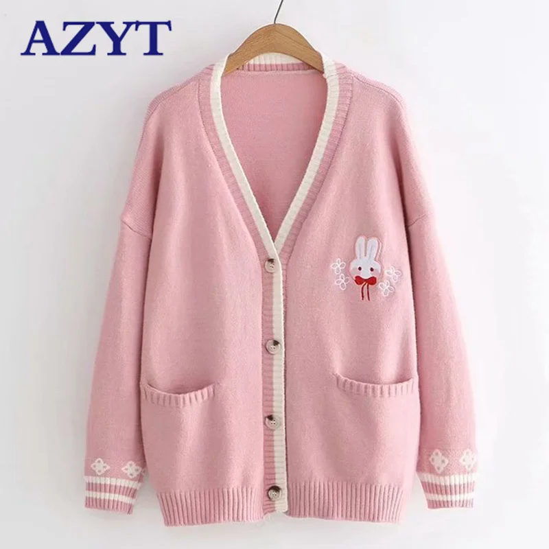 

AZYT Cartoon Embroidery Rabbit Knit Cardigan Female Spring Autumn Loose Knitwear Women Sweater Cardigan Casual Pull Femme