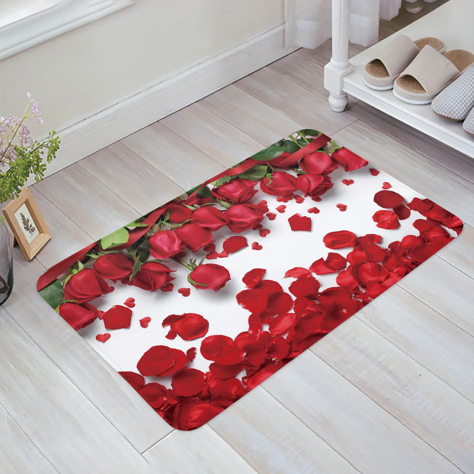 

Коврик для входной двери, красивый нескользящий напольный ковер с красными розами, зелеными листьями, для гостиной, кухни, домашний декор, к...