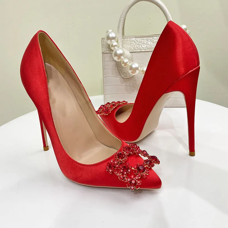 

Блестящие свадебные туфли на каблуке, красные шелковые туфли с острым носком на высоком каблуке, привлекательные туфли с открытым носком, женские туфли 12 см