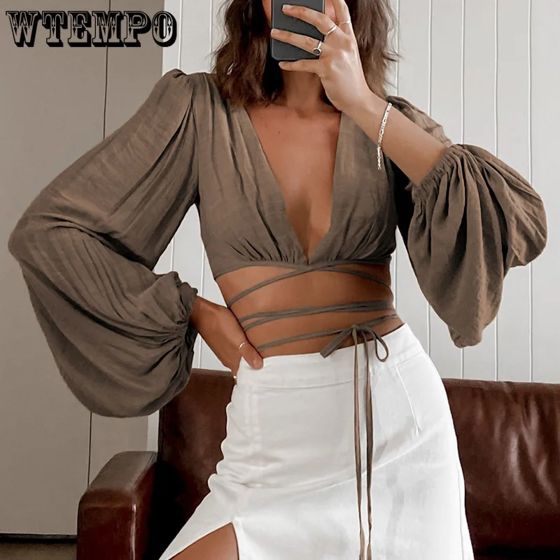 

Deep V-neck Lace Up Sexy Women's Crop Tops Solid Long Lantern Sleeve Bandage Cotton Sexy Exposed Navel Summer Lady T-shirts