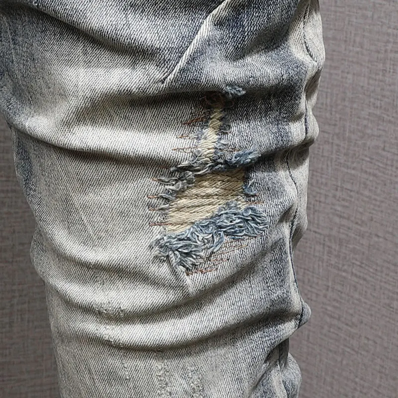Fashion Vintage Men Jeans Retro Washed Gray Blue Elastic Slim Fit Ripped Jeans Men Trendy Patched Designer Denim Pants Hombre