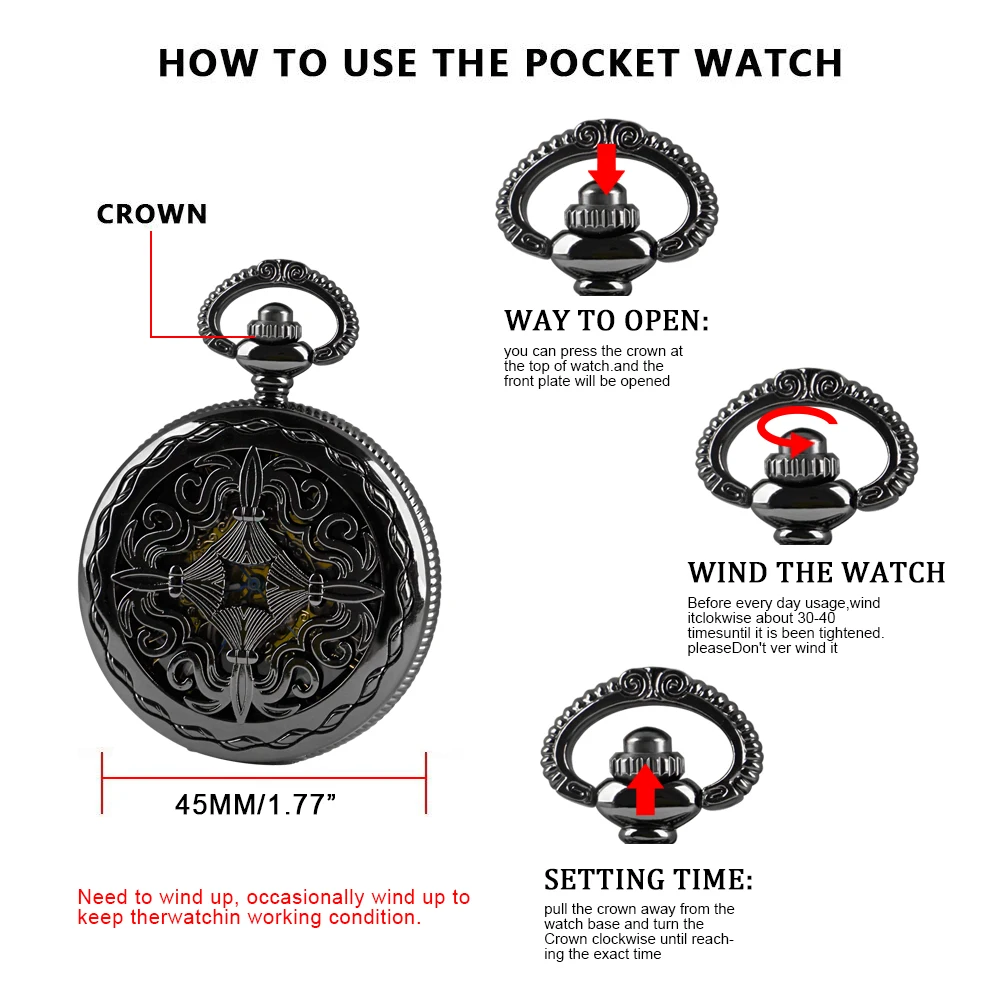 All Black Hunter Retro Mechanical Pocket Watch Collection Hand Wind Casual Fashion Men Women Fob Chain Watches