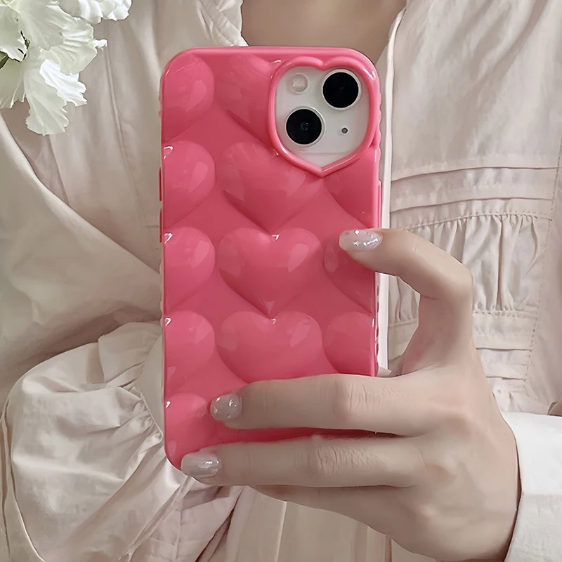 

Fashion Solid Color 3D Heart Case For iPhone 14 13 12 11 Pro Max Soft Silicone Glossy Phone Cover Cases