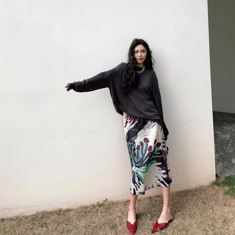 Юбка-миди Женская плиссированная трапециевидная с цветочным принтом и разрезом