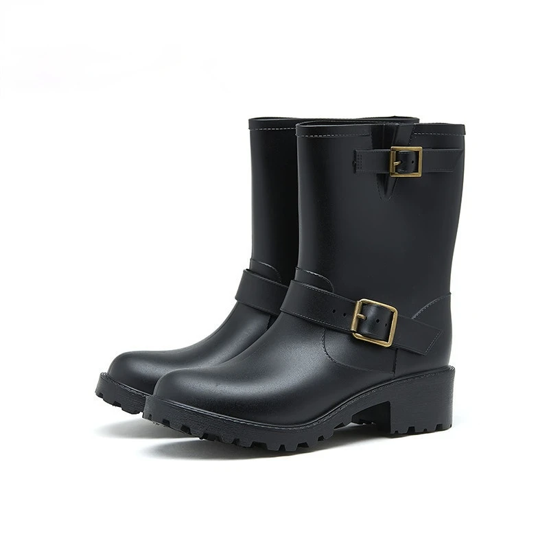 

Women Hot British Style Buckle Rain Boots Non-Slip Waterproof Water Shoes Woman Mid-calf Wellies Rubber overshoes Mujer galoshes