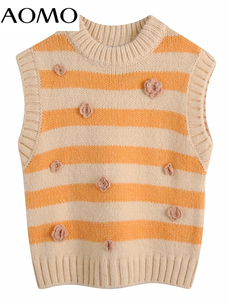 

AOMO Women 2022 Fashion Striped Flower Decorate Knitted Vest Sweater Sleeveless Female Waistcoat Chic Tops BE237A