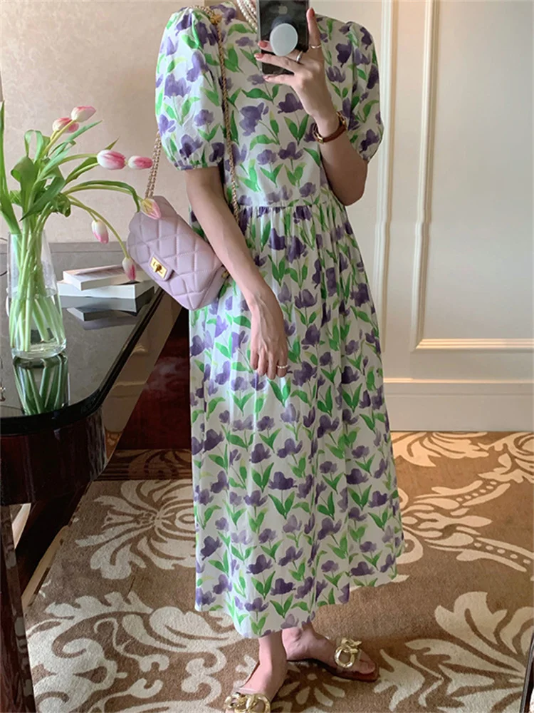 

French O Neck Dress Women High Quality Floral Loose Dresses 2022 Summer New Temperament Short Sleeve Dress Vestidos Feminina