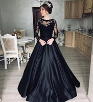 on zhu elegant black evening dress long sleeve o neck satin sweep train lace appliques women vestidos elegantes para mujer