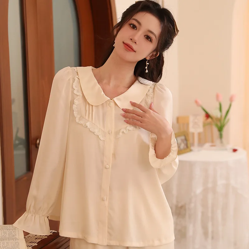 SXTHAENOO Retro Palace Ice Silk Long Sleeve Pajama Set Fashion Elegant Lapel Cardigan Loose Pajamas Suit Sleepwear пижамаженская