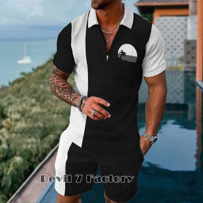 Men's Summer Tracksuit 2 Piece Set Men Jogging Outfits Casual Fashion Male Clothes Lapel Zipper Top Polos Shorts Suit Streetwear