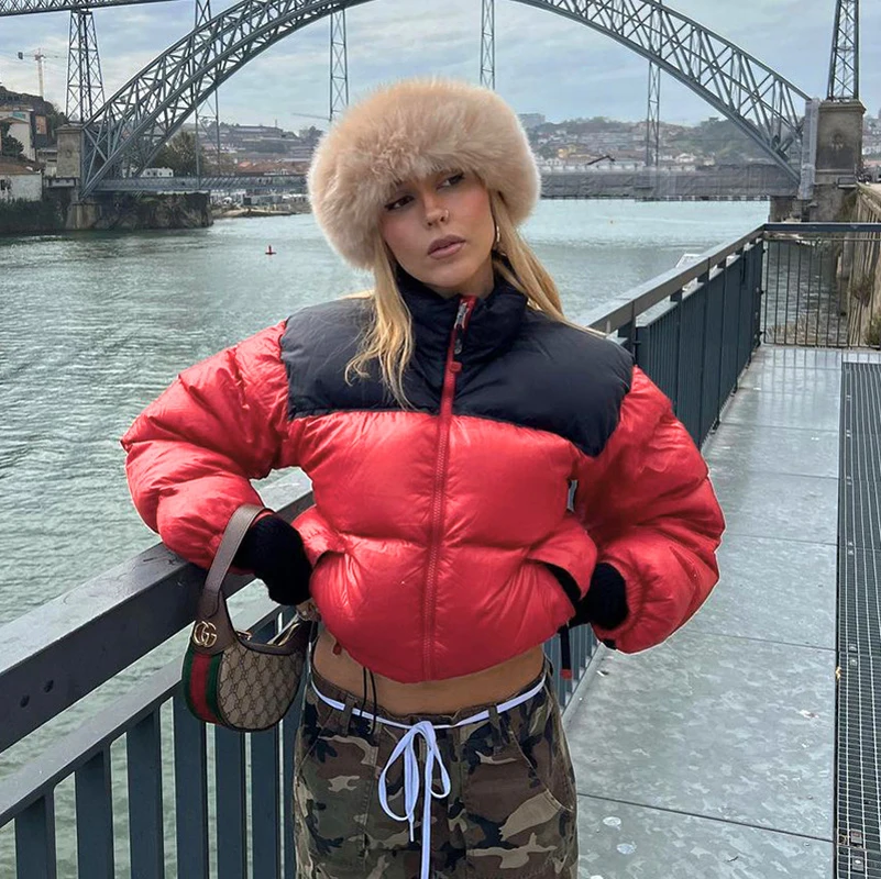 2022 Winter Patchwork Puffer Parka Coat Women Stand Collar Padded Coat Winter Warm Loose Zipper Crop Top Jacket Outwear