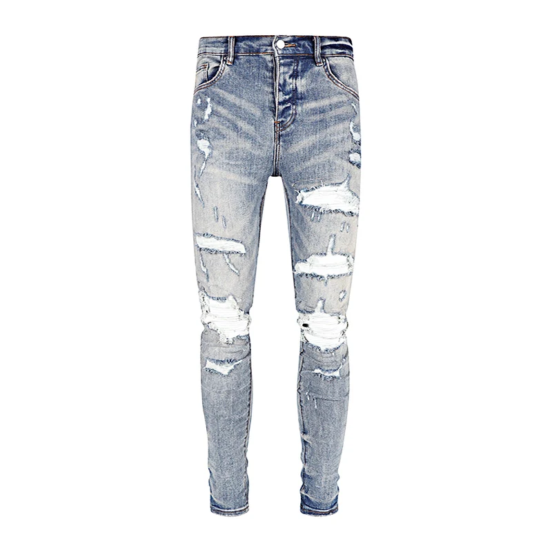 Street Fashion Men Jeans Retro Blue Destroyed Hole Elastic Stretch Skinny Ripped Jeans Men Patched Designer Hip Hop Brand Pants