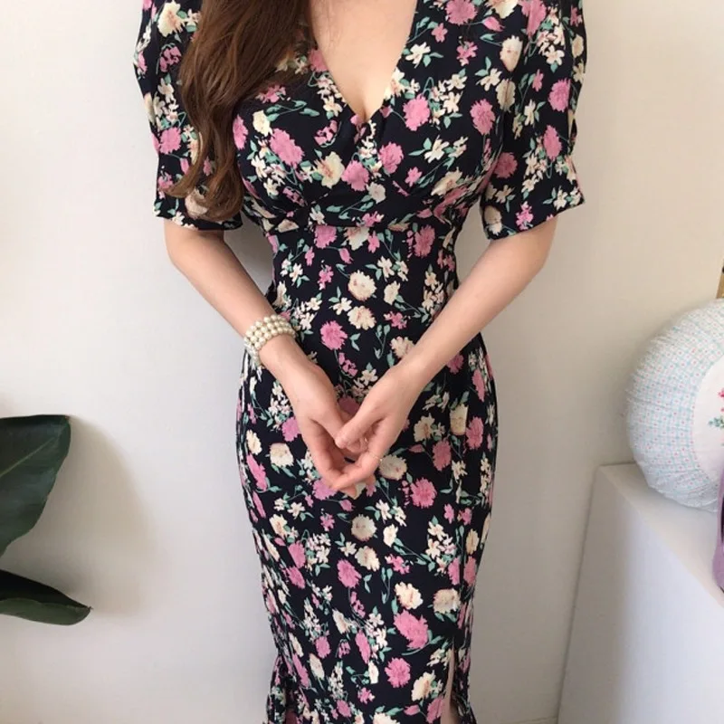 

Korean Chic Vintage Summer Sweet High Waist Lace Up Slim V Neck Puff Short Sleeve Split Floral Dress Lady Party Evening Sexy