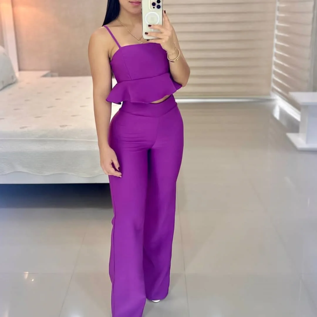 

Women Two Piece Set Summer Fashion Sexy Suspender Sleeveless Top High Waist Straight Trousers Pants Sets High Streetwear