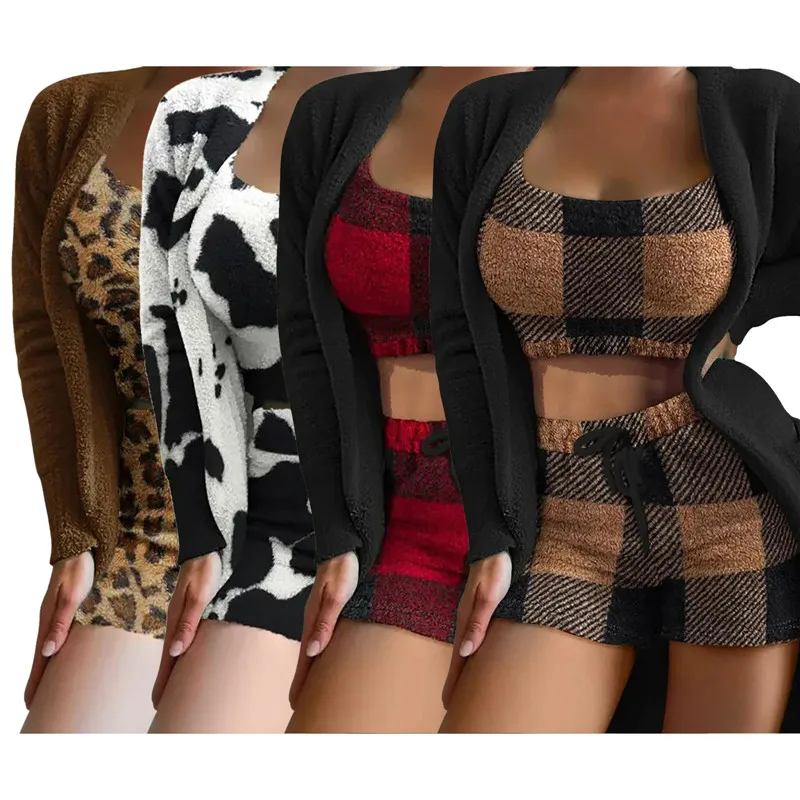 Women Fluffy Pajamas Leopard Autumn Winter Homewear Women'S Plush Velvet Crop Tops+Shorts+Cardigans 3 Pieces Suit Casual Pyjamas