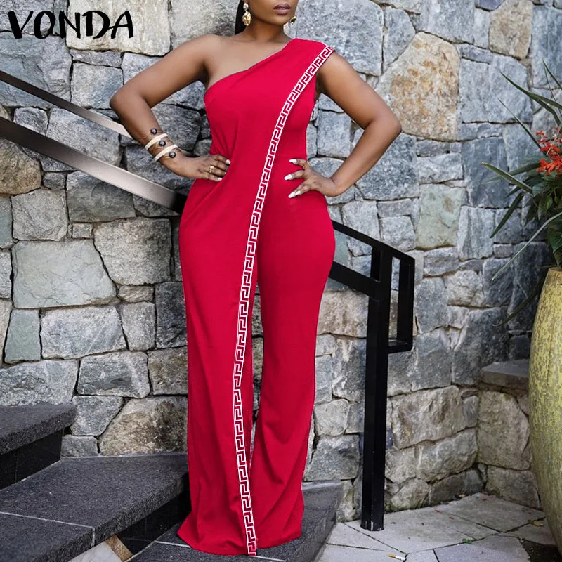VONDA Female Summer Sexy One Shoulder Printed Long Jumpsuits Palazzo Rompers Dungaree Lady Patchwork Printed Playsuits Oversize