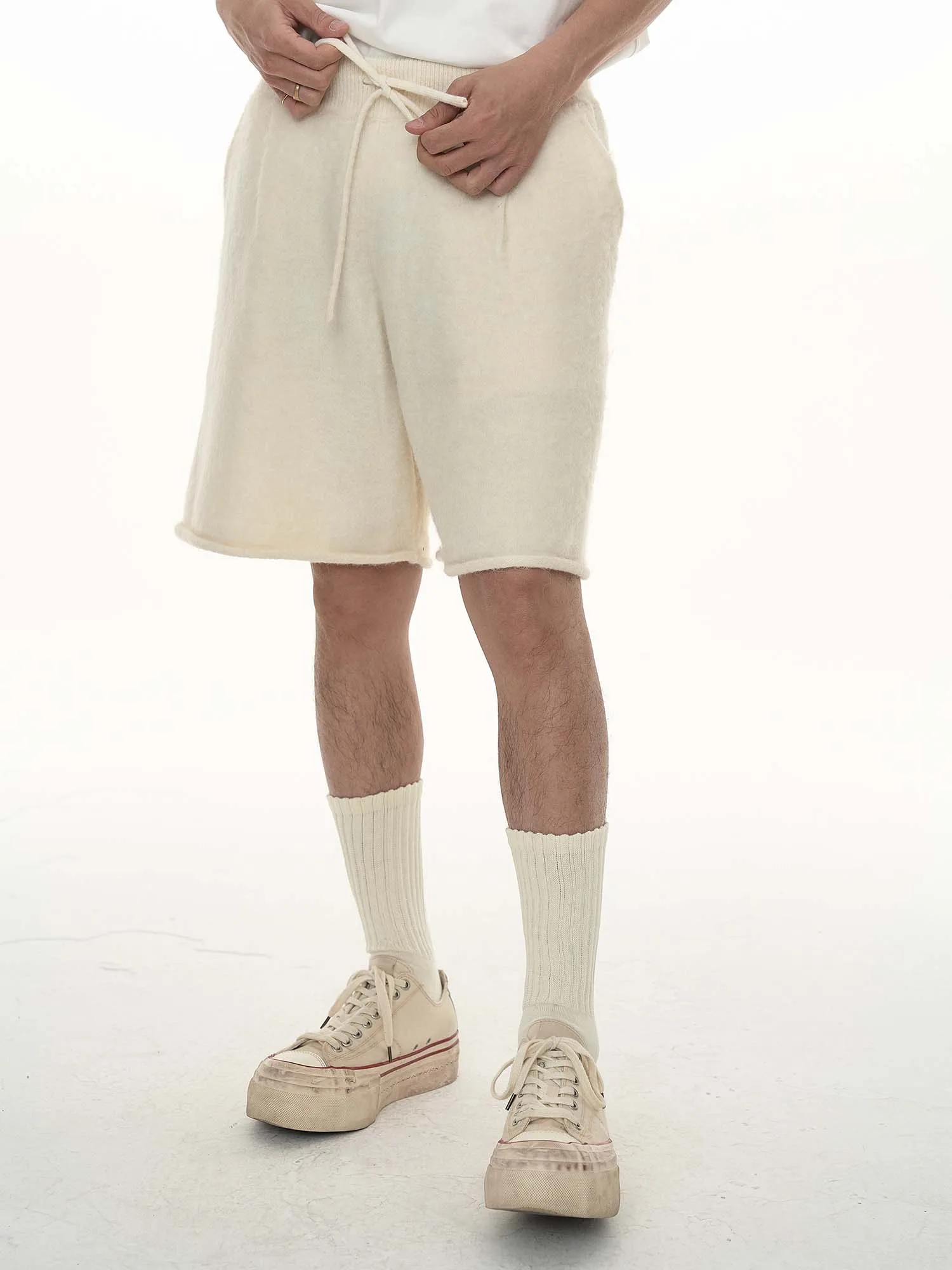 Ek 2024 Spring/Summer Drawstring Woolen Loose Casual Home Shorts Cropped Pants