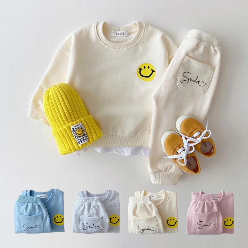 Spring Autumn Children's Clothes Cotton Hoodie Hoodie Pants Smiling Face Loose Boys Girls Baby Leisure Suit Fashion 2piece Set