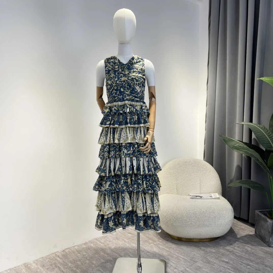 

2022 Unique Design Blue Black Irregular Pattern Cascading Ruffles Sleeveless Midi Cake Dress for Women