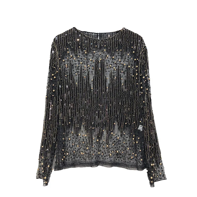 Женская привлекательная прозрачная сетчатая кружевная рубашка с длинным