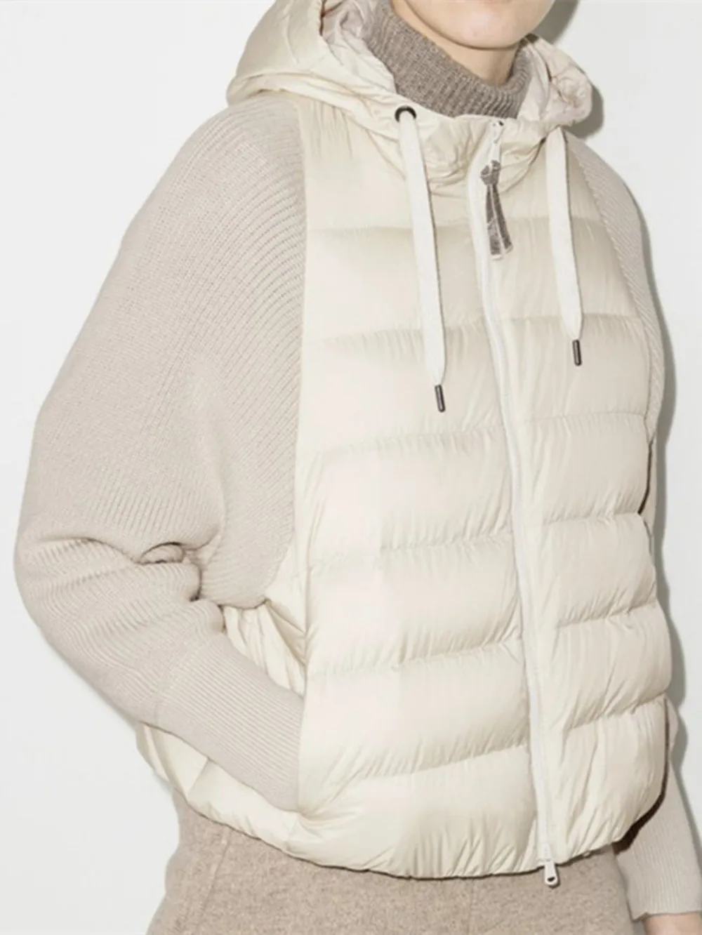 

Women Dow Coat Drawstring Hooded Knitted Splicing Jacket Casual Fake Two Piece